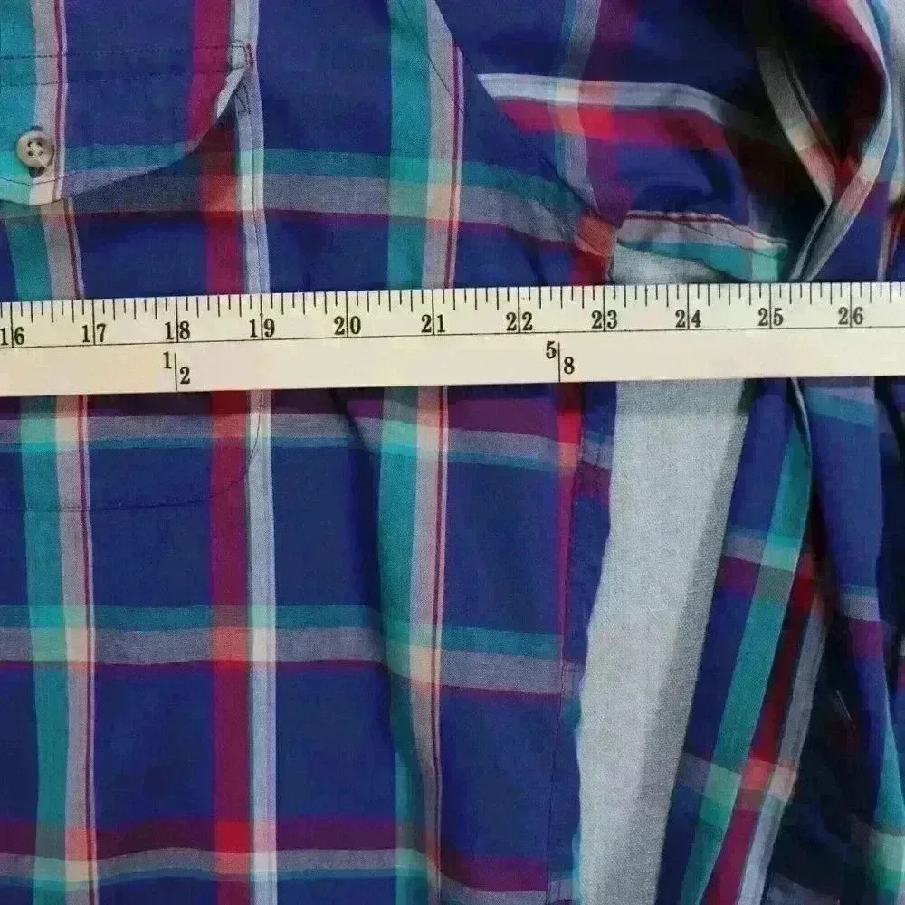 Vintage Plaid Button Down Men's L Tall Long Sleeve Shirt Multicolor Cotton Blend